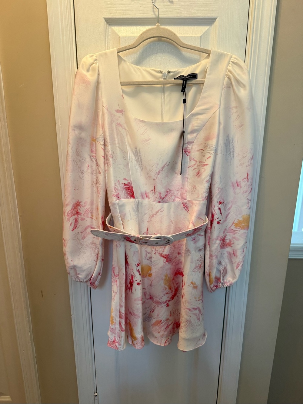 BCBG Cream Mini Dress with Pink & Yellow Brushstroke Print